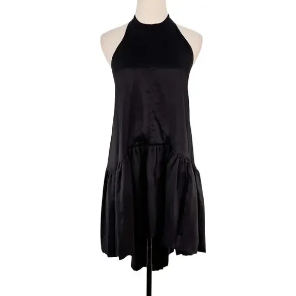 AZEEZA Winston Raw Silk Mini Dress Black High Low Halter Cocktail Party Size S